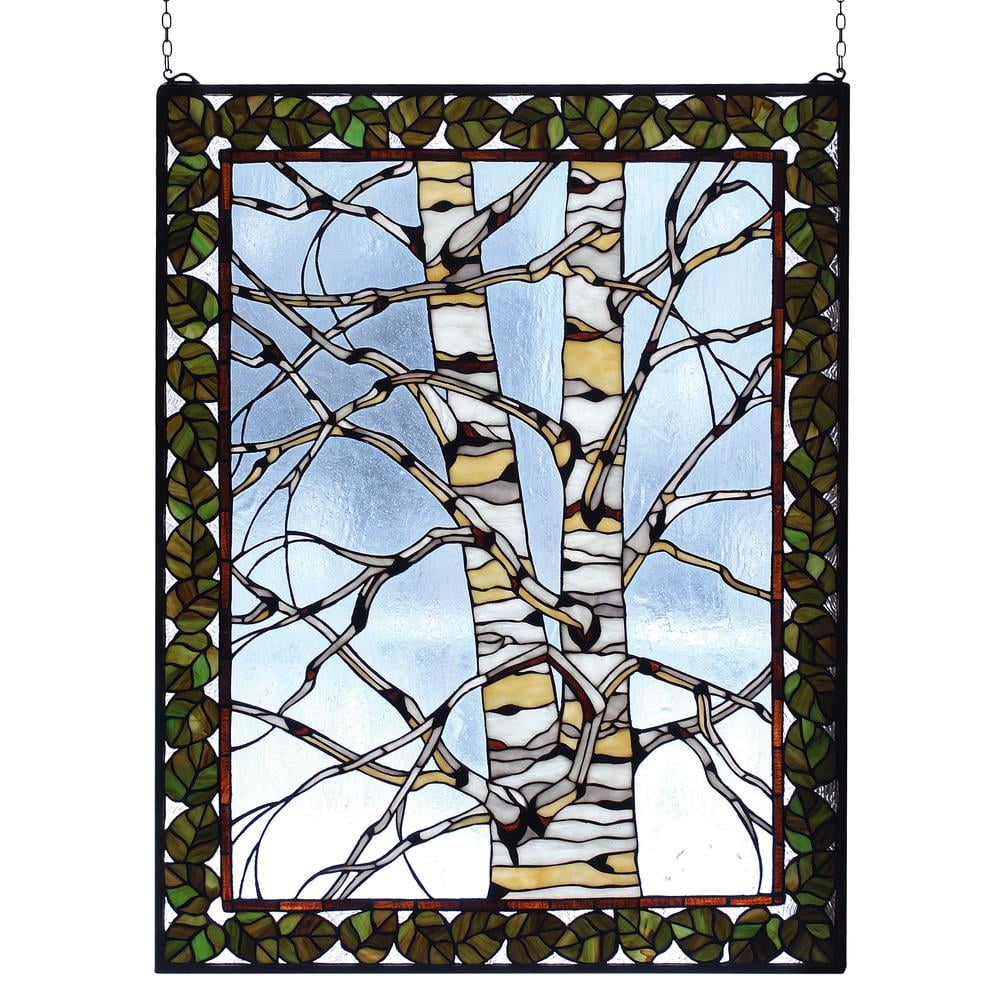 Bronze Framed Multi-Color Birch Tree Stained Glass Window Panel