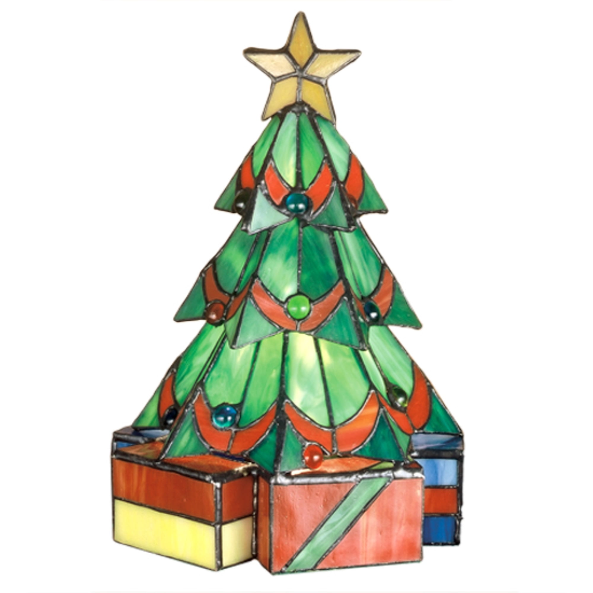 Festive Holiday Christmas Tree Blue Stained Glass Accent Lamp