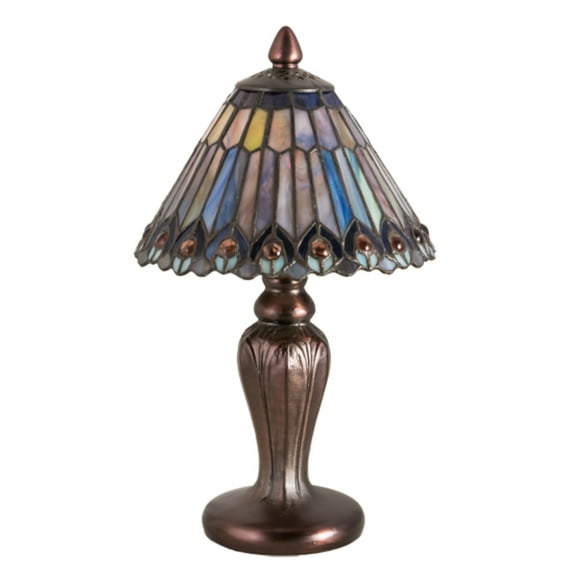 12"H Tiffany Jeweled Peacock Mini Lamp.602