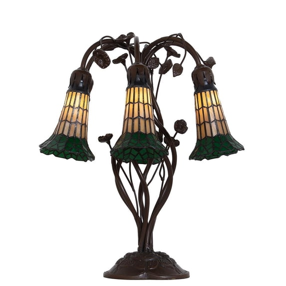 Meyda Tiffany 102415 Six Light Table Lamp Mahogany Bronze Finish with Lily Amber and Green Glass