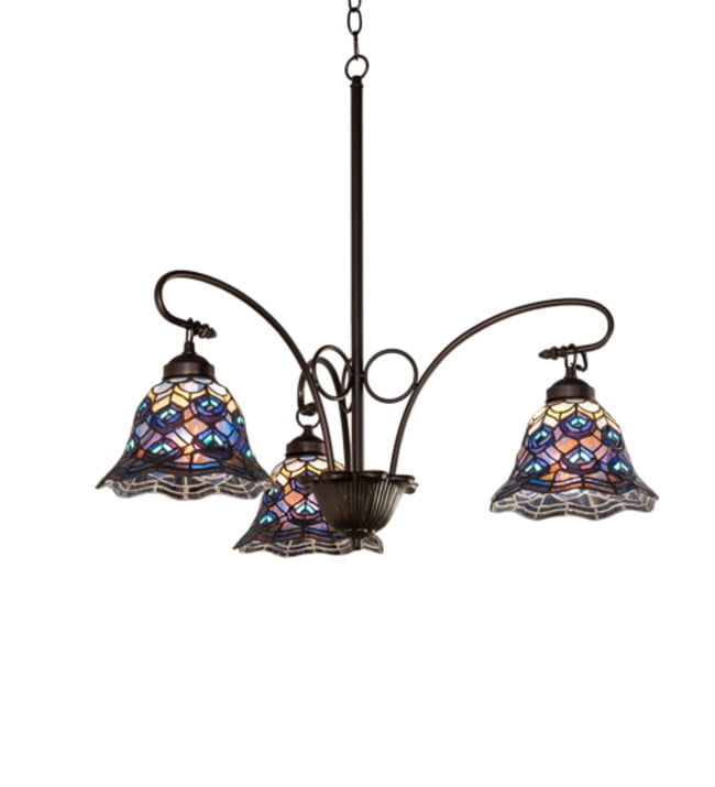 Mauve and Amber Glass 3-Light Peacock Feather Chandelier in Mahogany Bronze