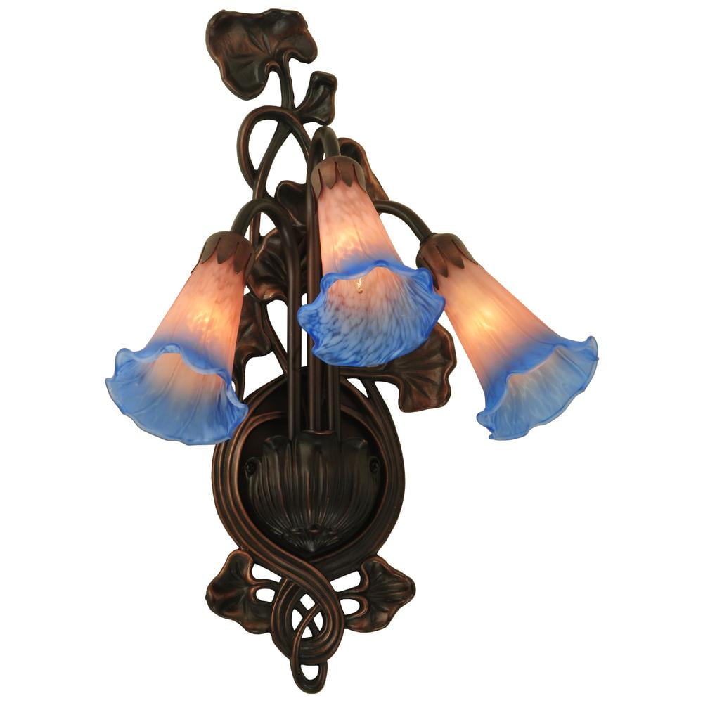 Bronze 3-Light Wall Sconce with Pink/Blue Lily Shades