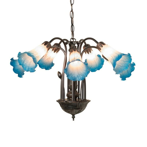 Meyda Lighting 24" Wide Pink/Blue Tiffany Pond Lily 7 LT Chandelier