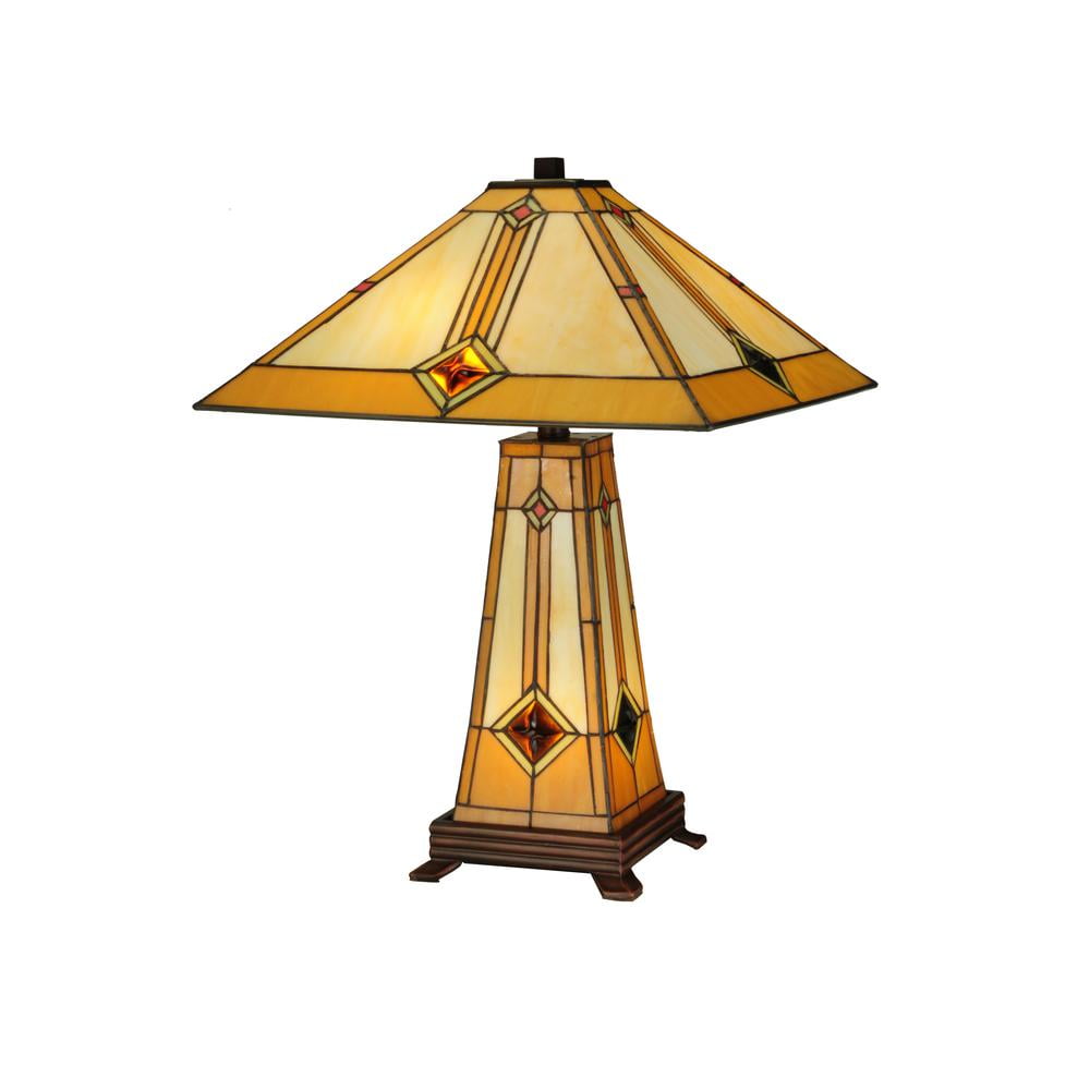 Mission Style 2-Light Stained Glass Table Lamp with Bronze Base