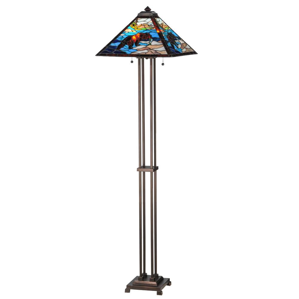 Rustic Mahogany Bronze Grizzly Bear Stained Glass Floor Lamp, 62.5"