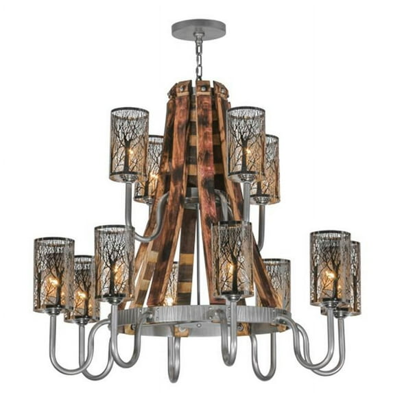 Meyda Tiffany 147189 Barrel Stave 12 Light 44" Wide Chandelier - Nickel / Natural Wood /