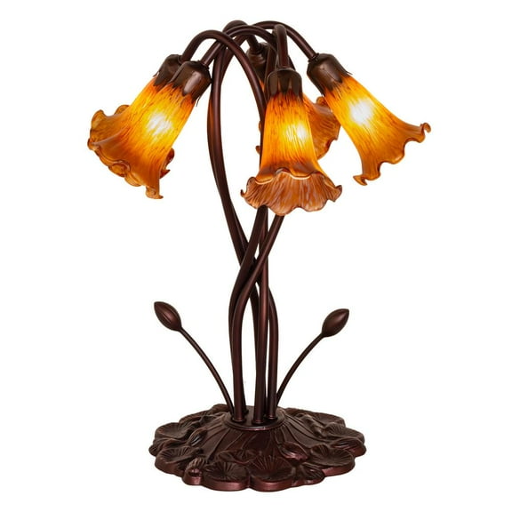 Meyda Tiffany 14931 Amber Pond Lily - 5 Light Accent Lamp   Mahogany Bronze Finish with Coral/Sunflower/Amber/Chocolate Glass