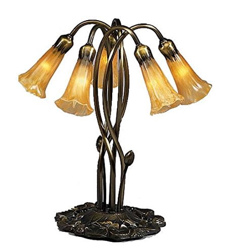 Meyda Tiffany 14931 Amber Pond Lily - 5 Light Accent Lamp Mahogany Bronze Finish with Coral/Sunflower/Amber/Chocolate Glass