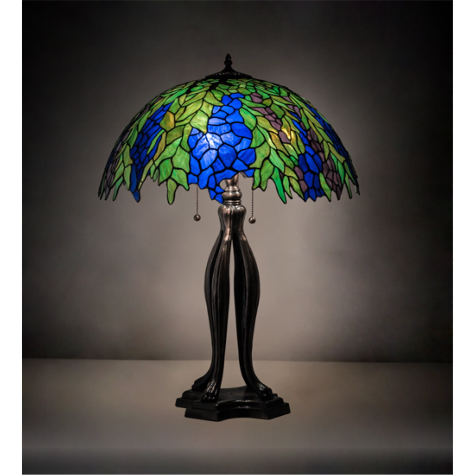 Honey Locust 3-Light Mahogany Bronze Table Lamp with Green/Blue Glass Shade