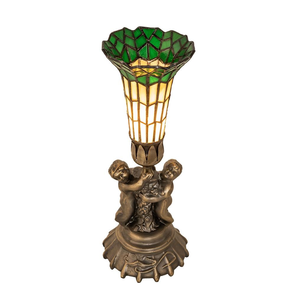 Elegant Twin Cherub 13" Stained Glass Mini Lamp in Antique Brass
