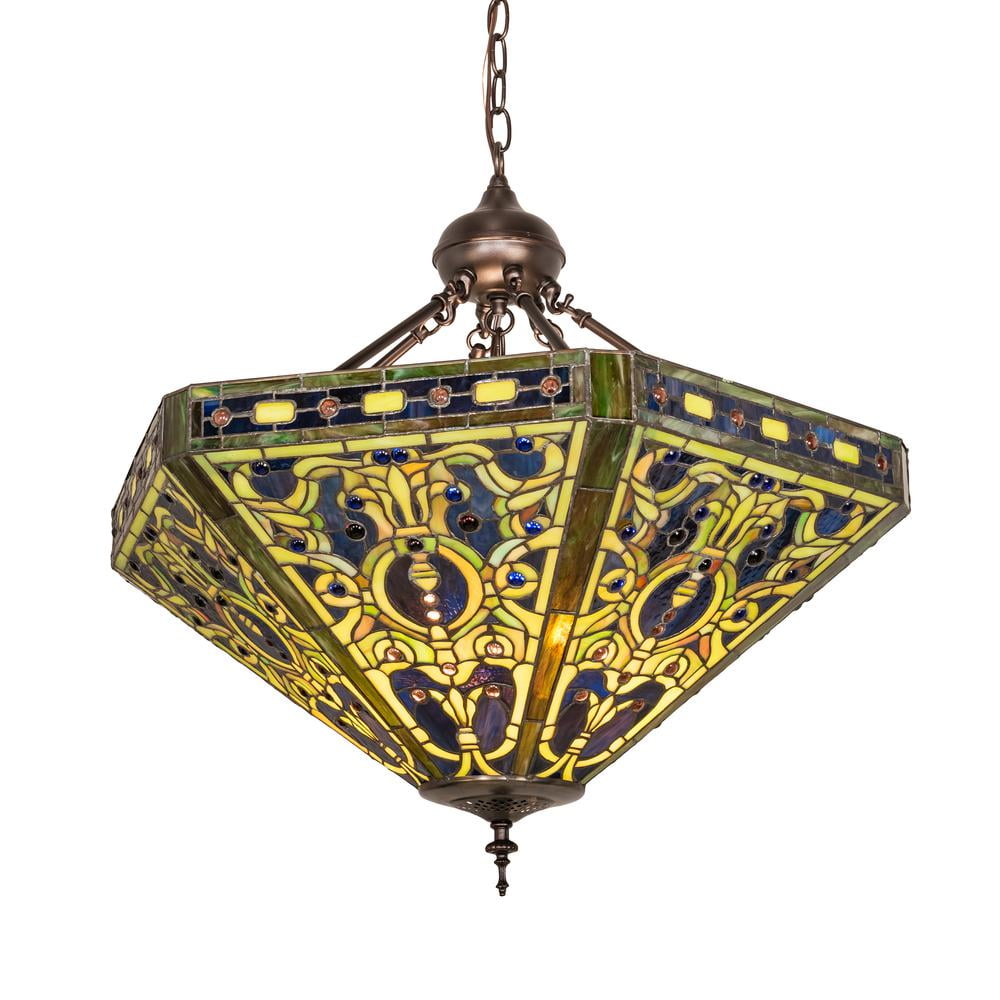 26" Multicolor Glass and Bronze 3-Light Globe Pendant