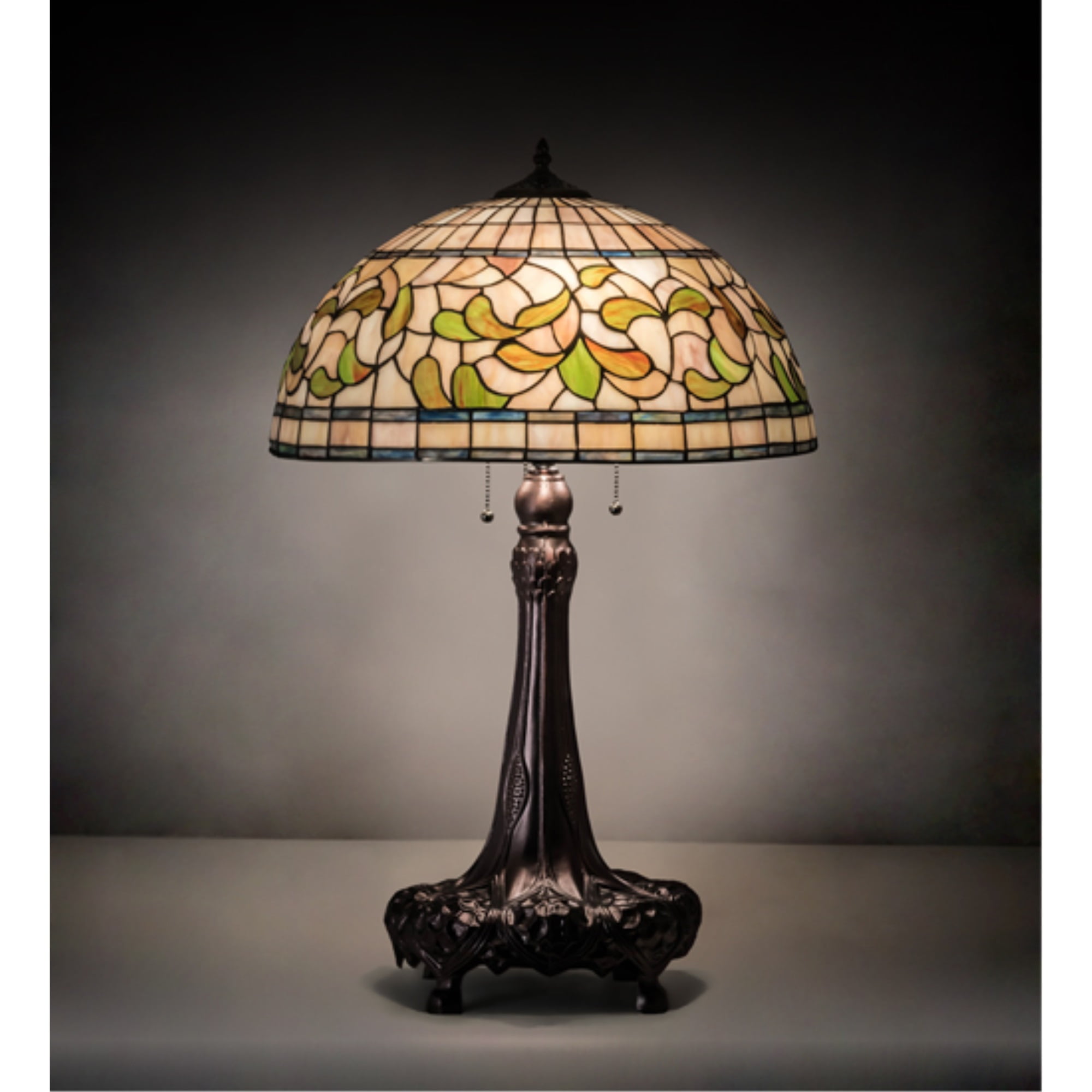 31" Mahogany Bronze Stained Glass Table Lamp with Green and Beige Shade