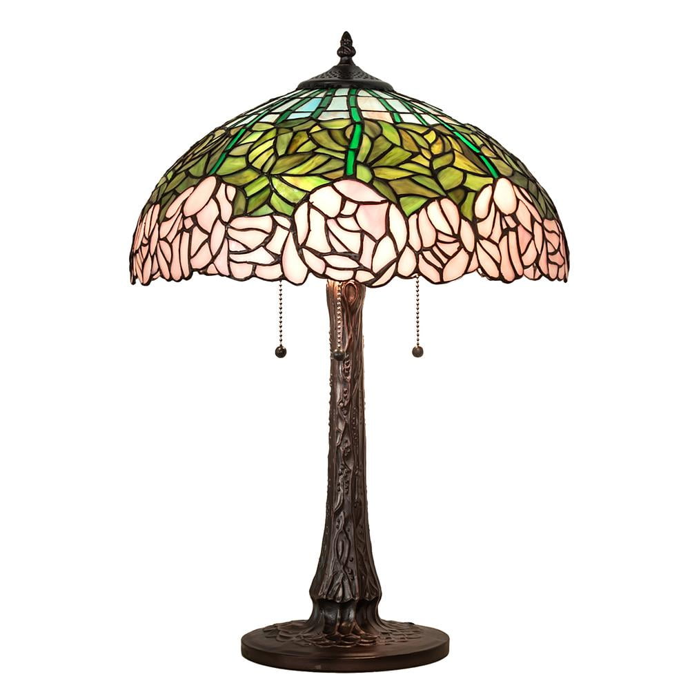 Passion Pink Cabbage Rose 3-Light Stained Glass Table Lamp