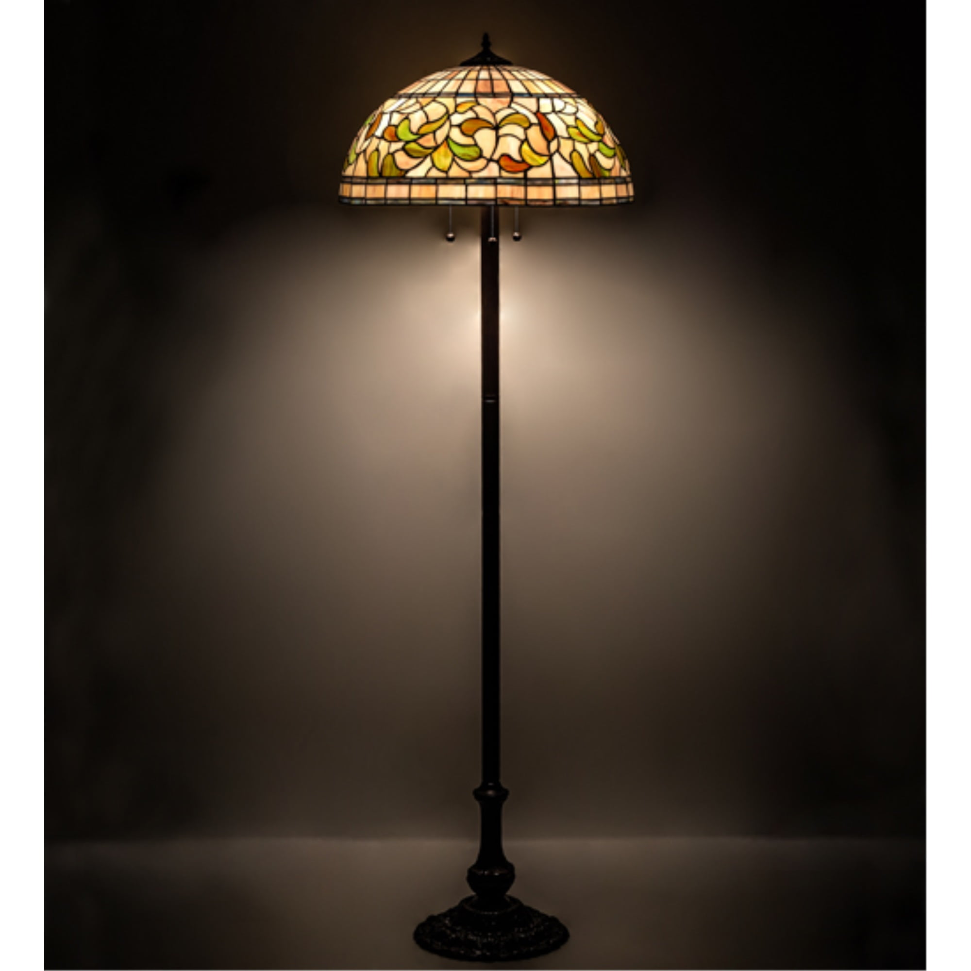 60" Mahogany Bronze Stained Glass Floor Lamp with Ruby and Coral Accents