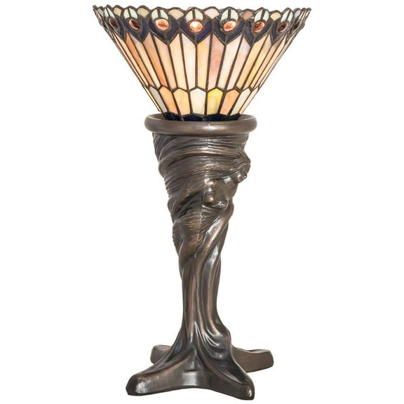 Meyda Lighting 15" High Tiffany Jeweled Peacock Mini Lamp