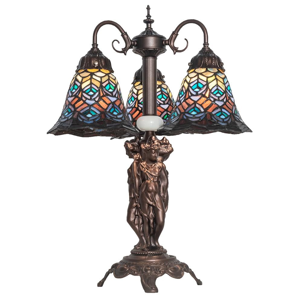 Arcadian 23" Stained Glass Peacock Feather Table Lamp in Mahogany Bronze