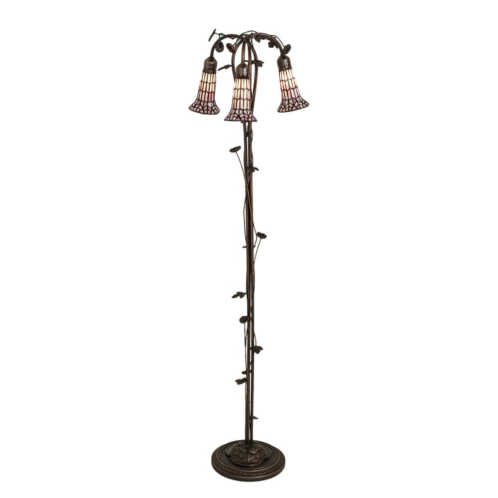 Elegant Pond Lily 58'' Mahogany Bronze Floor Lamp with Pink Stained Glass Shades