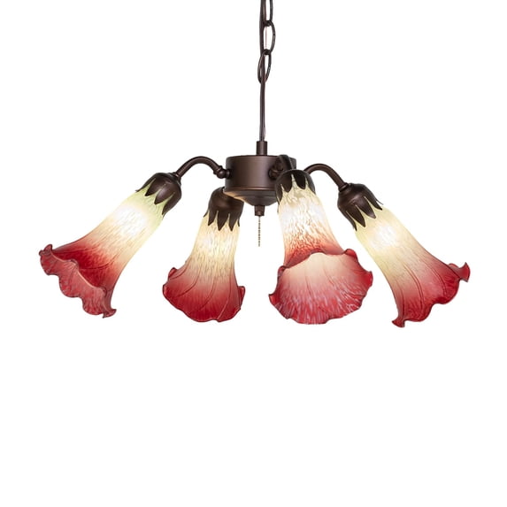 19" Wide Seafoam/Cranberry Tiffany Pond Lily 4 Light Fan Light