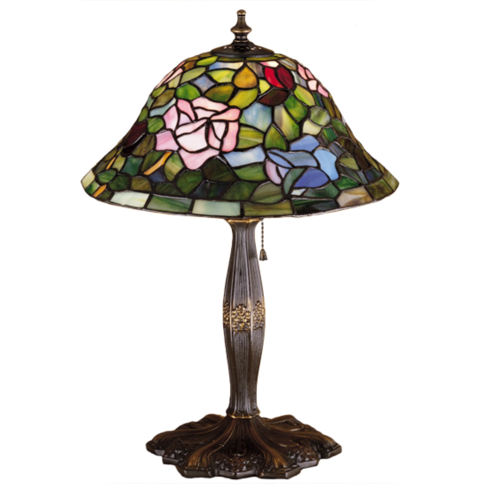 Tiffany Rosebush Stained Glass Table Lamp with Mahogany Bronze Base