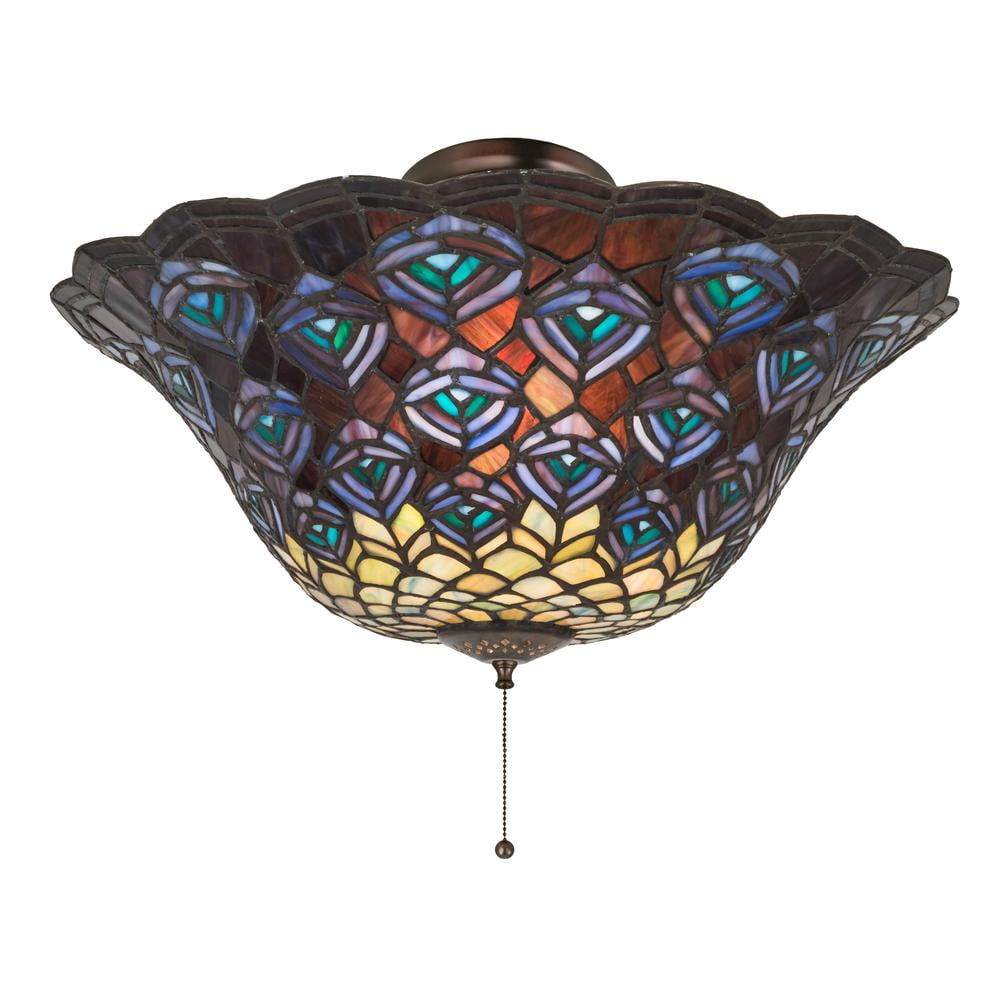 Victorian Tiffany Peacock Feather 3-Light Flush Mount in Bronze