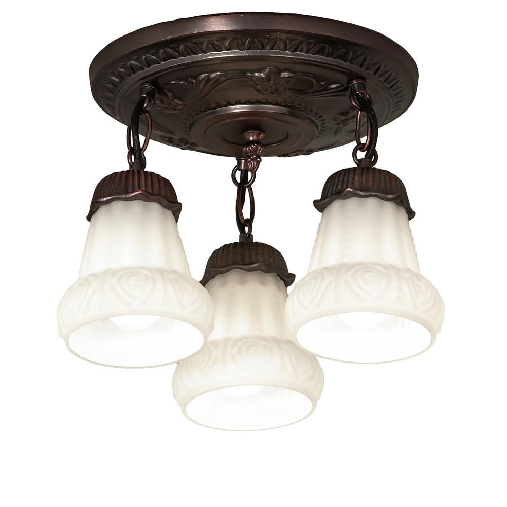 Vintage White Puffy Rose 3-Light Semi-Flush Mount in Mahogany Bronze