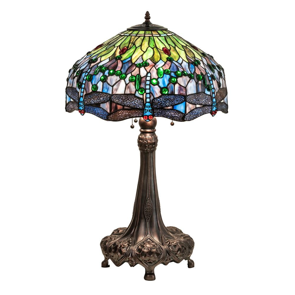 Multicolor Stained Glass Dragonfly Table Lamp with Mahogany Bronze Base