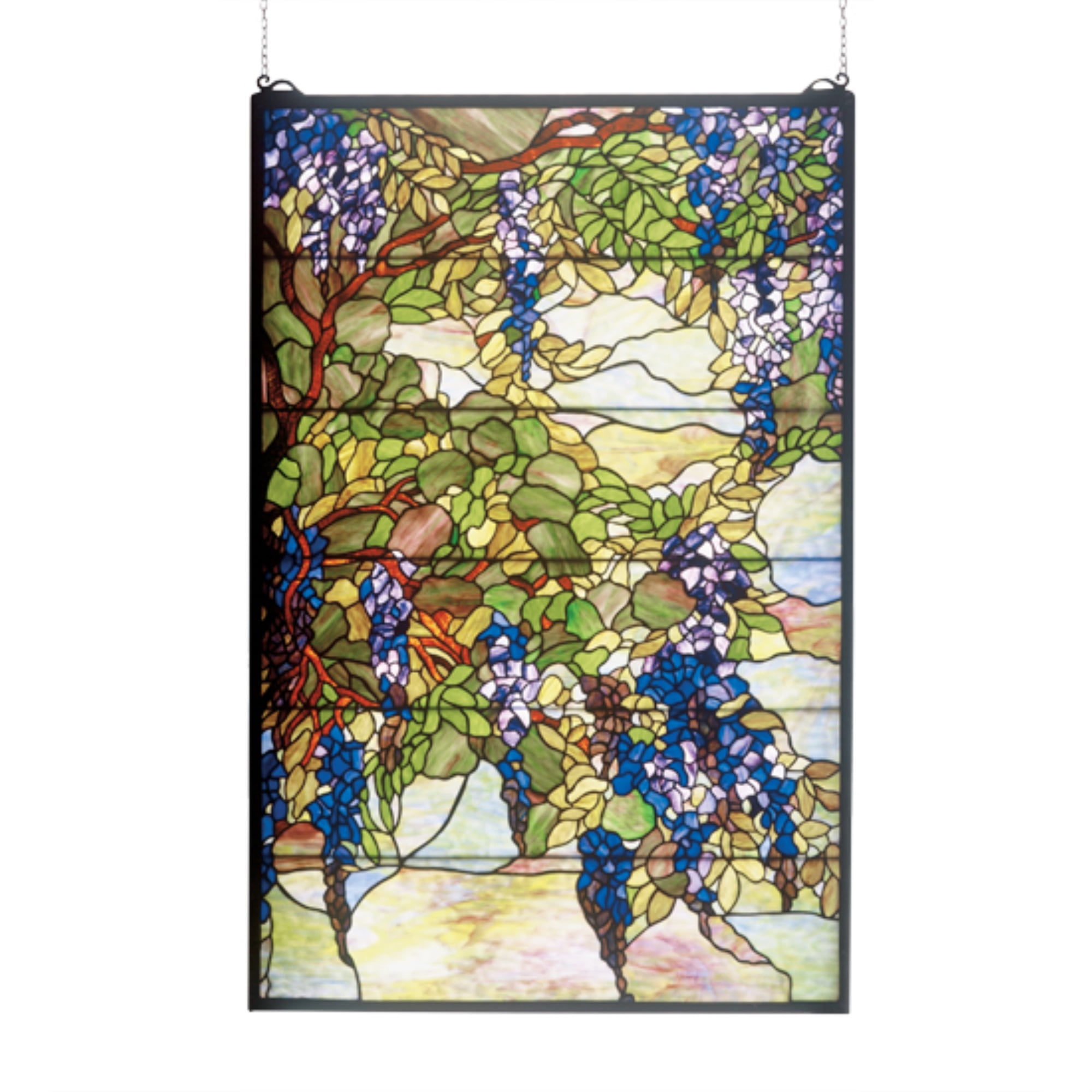 Large Bronze Framed Stained Glass Window with Wisteria Design