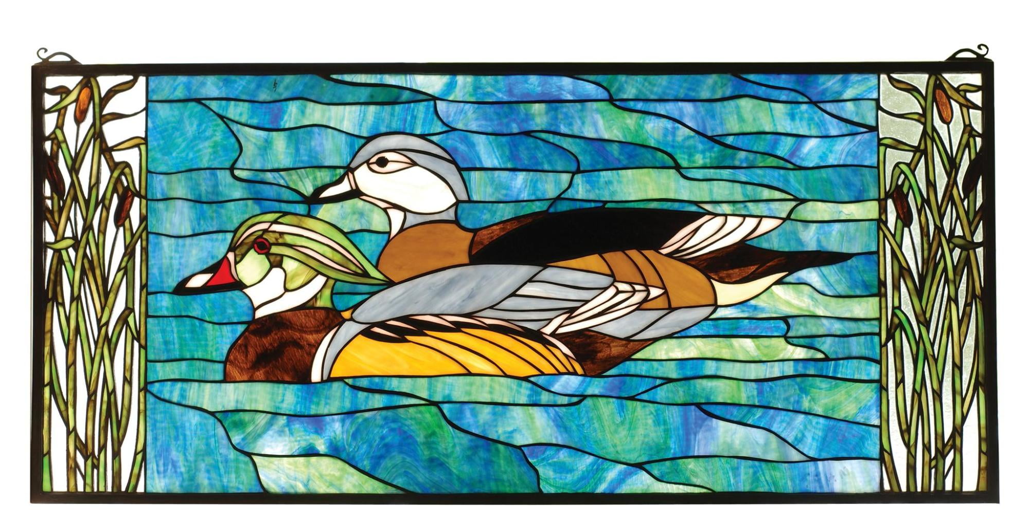 Tiffany Style Stained Glass Window Panel with Wood Ducks