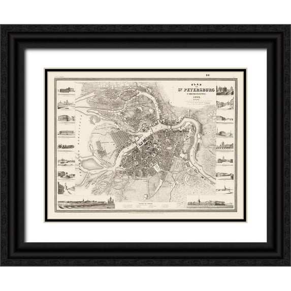 Meyer 24x19 Black Ornate Wood Framed with Double Matting Museum Art Print Titled - Saint Petersburg Plan Russia - Meyer 1844