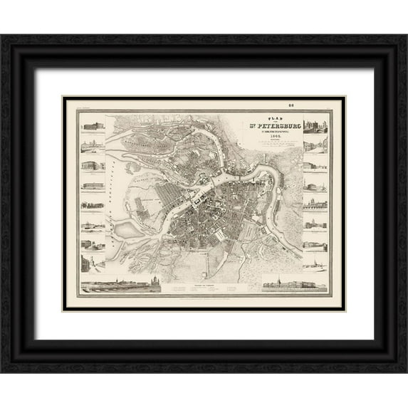 Meyer 32x25 Black Ornate Wood Framed with Double Matting Museum Art Print Titled - Saint Petersburg Plan Russia - Meyer 1844