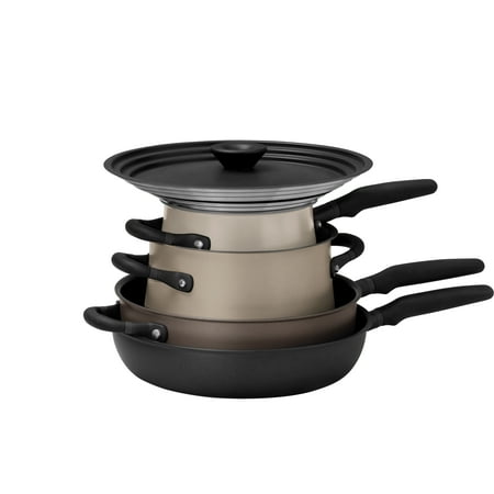 Meyer 6pc Stackable Set with Universal Lids | Hard Anodized Non Stick and Stainless Steel Pots and Pans | Induction Compatible | Dishwasher Safe | Oven Safe | Black & Gray | Accent Series Cookware
