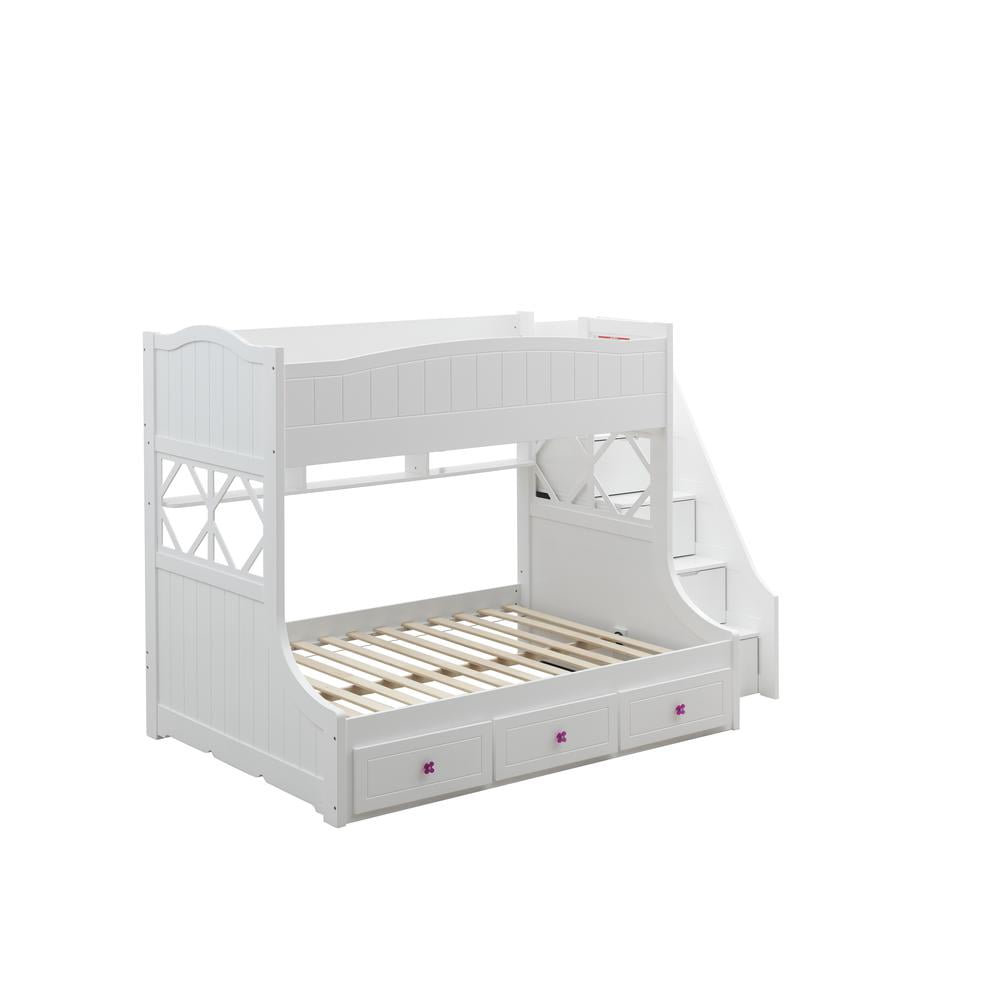 White Wood Twin/Full Bunk Bed with Storage Ladder and Drawers