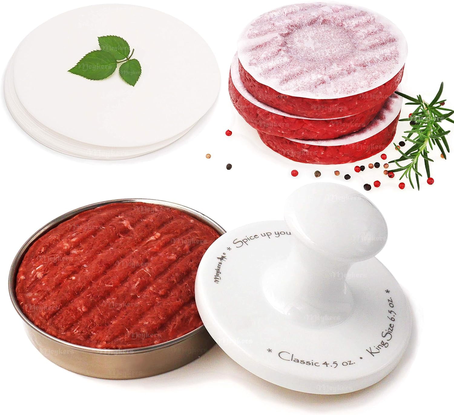 Meykers 5" Burger Press , Porcelain & Stainless Steel Hamburger Patty Maker with 100 Patty Papers , Meat Press