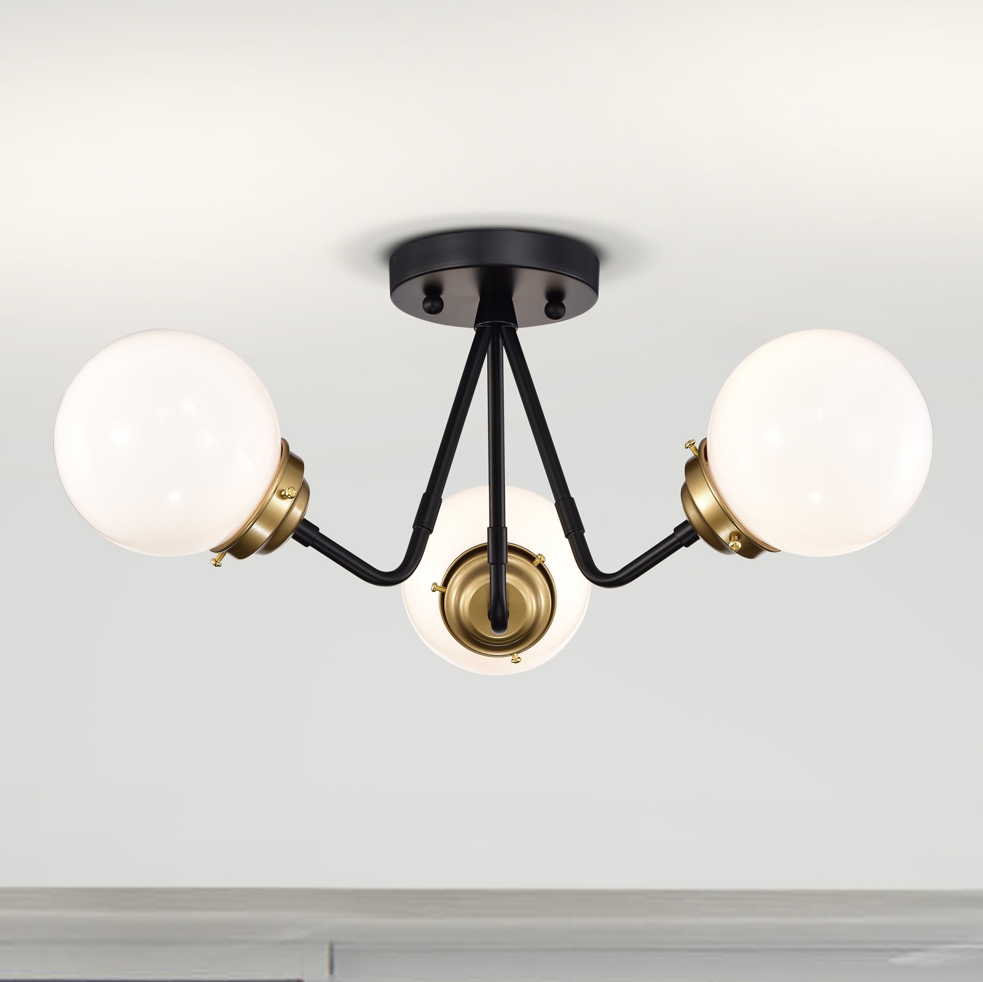 Meylin Matte Black+Gold 3-Light Glossy Glass Globe Semi-Flush Mount