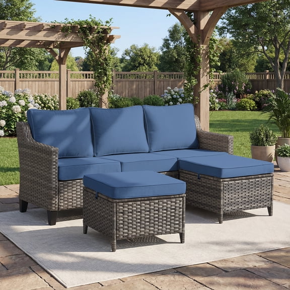 Opohoro 3 Piece Outdoor Conversation Set, Weather Resistant Rattan Patio Furniture Sofa Set with 2 Ottomans, Blue Cushions for Deck Balcony Porch