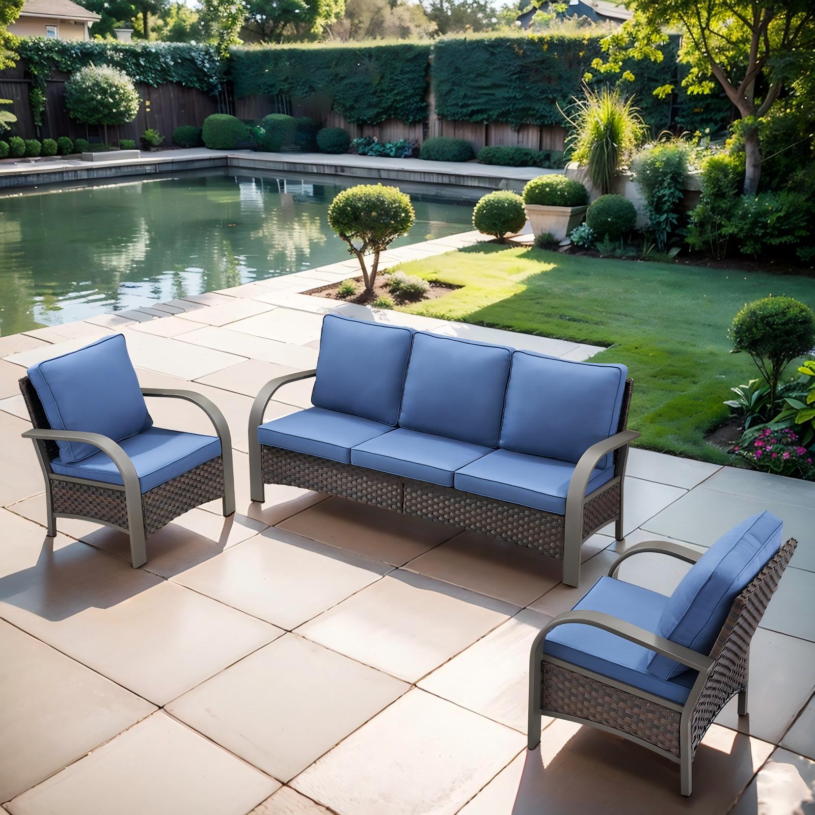 OPOHORO 3-Piece Outdoor Patio Furniture Set, Wicker Sofa and Lounge Chairs  for Deck or Porch