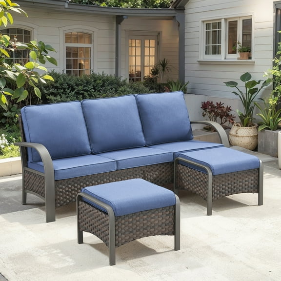 OPOHORO 3-Piece Outdoor Patio Furniture Set, 75-Inch Wicker Sofa with 2 Ottomans, Brown Rattan Couch with Blue Cushions for Deck or Backyard