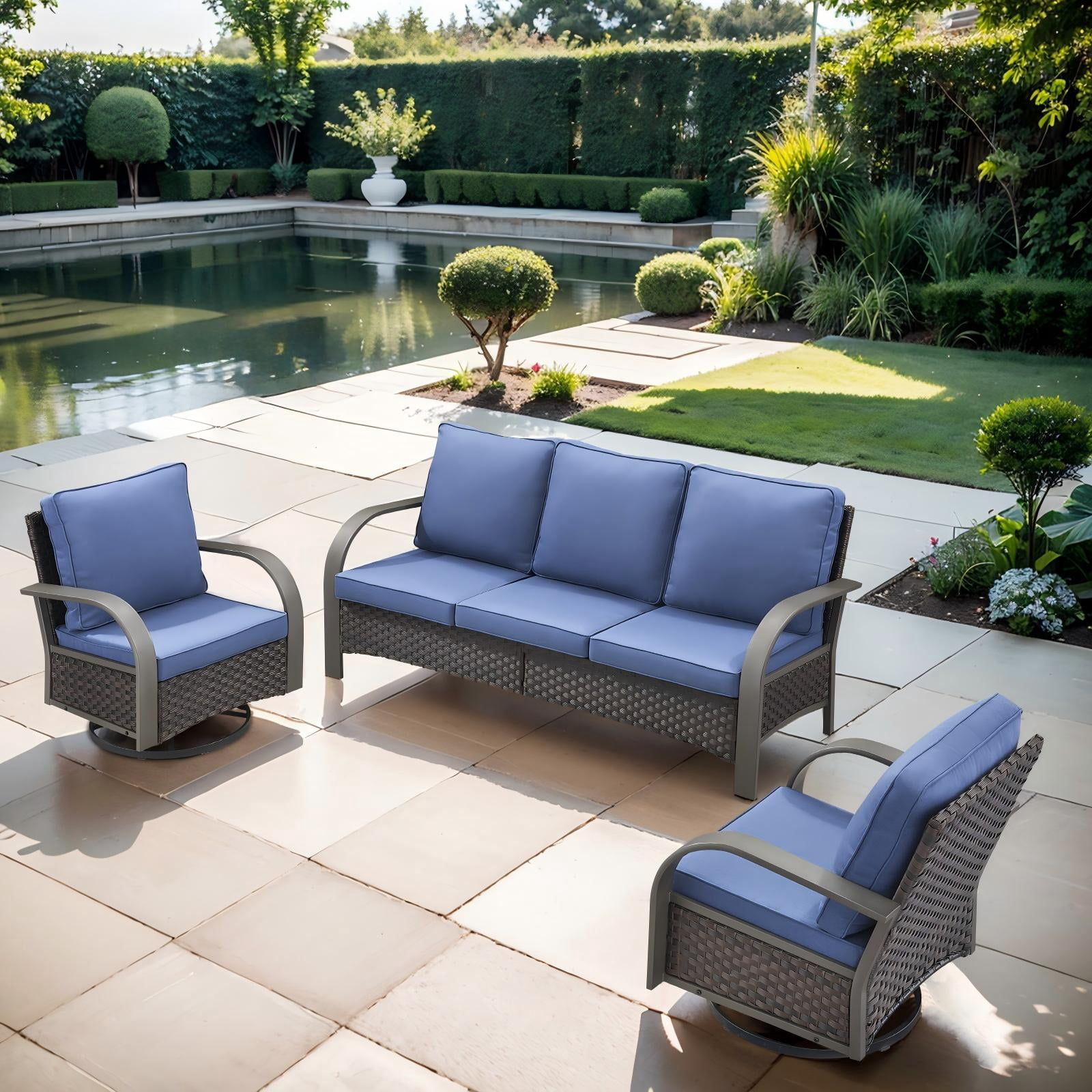 OPOHORO 3-Piece Outdoor Conversation Sets with Wicker Sofa and Swivel Rocking Chair