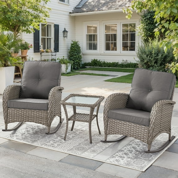 OPOHORO 3-Piece Powder Coated Steel Outdoor Bistro Sets with 2 Glider Rockers and Glass Top Side Table for Porch Backyard, Gray/Gray