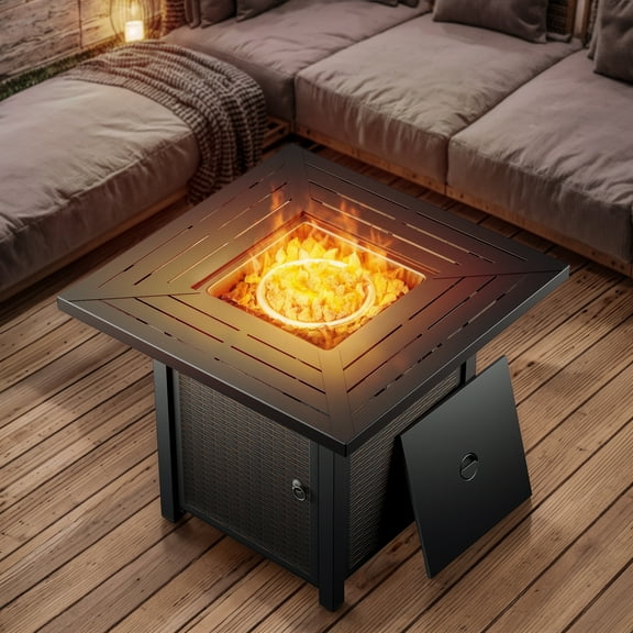 OPOHORO 30.2" Square Propane Fire Pit 50,000 BTU Outdoor PE Metal Fire Pit Table with Lid, Brown