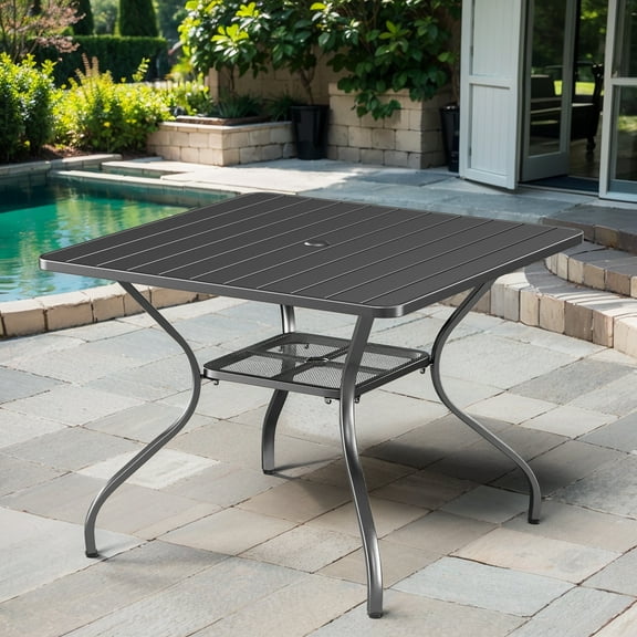 OPOHORO 4-Person 37" Square Outdoor Patio Dining Table with Umbrella Hole, Powder-Coated Steel, Black