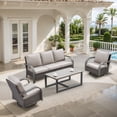 thumbnail image 1 of OPOHORO 4-Piece Outdoor Patio Conversation Set, 75-Inch Wicker Sofa with 2 Swivel Rocker Chairs and Coffee Table, Brown Rattan Furniture with Beige Cushions for Deck or Porch, 1 of 13