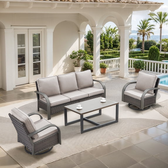 OPOHORO 4-Piece Outdoor Patio Conversation Set, 75-Inch Wicker Sofa with 2 Swivel Rocker Chairs and Coffee Table, Brown Rattan Furniture with Beige Cushions for Deck or Porch