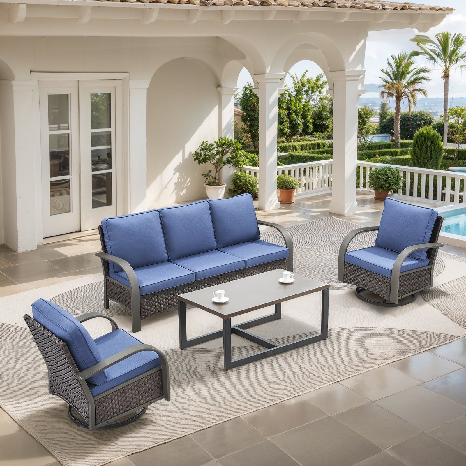 OPOHORO 4-Piece Outdoor Patio Conversation Set, 75-Inch Wicker Sofa with 2 Swivel Rocker Chairs and Coffee Table, Brown Rattan Furniture with Blue Cushions for Deck or Porch