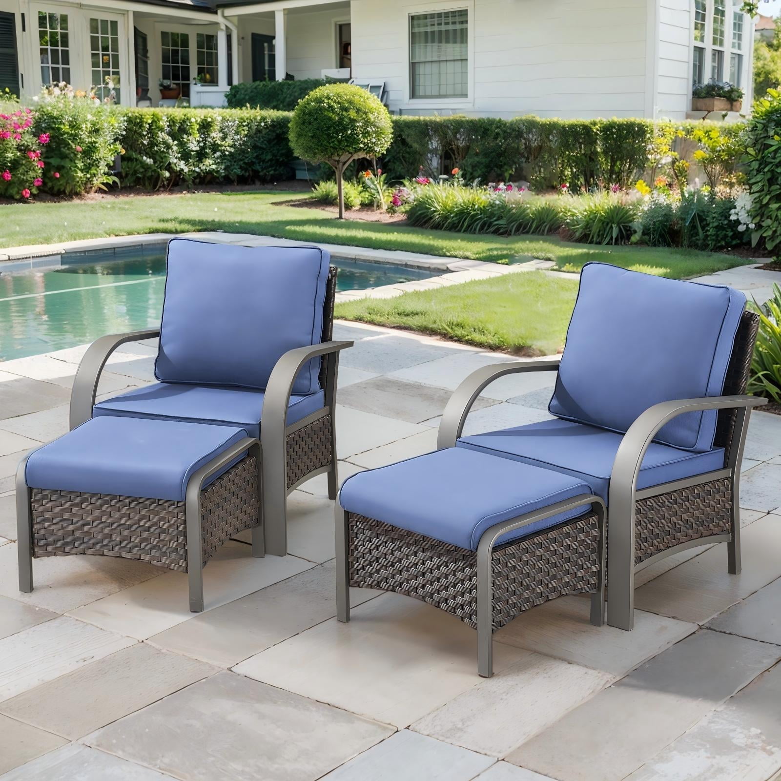 OPOHORO 4-Piece Patio Conversation Set with 2 Patio Lounge Chairs and 2 Ottomans, PE Wicker Outdoor Furniture with Blue Cushions for Porch or Backyard