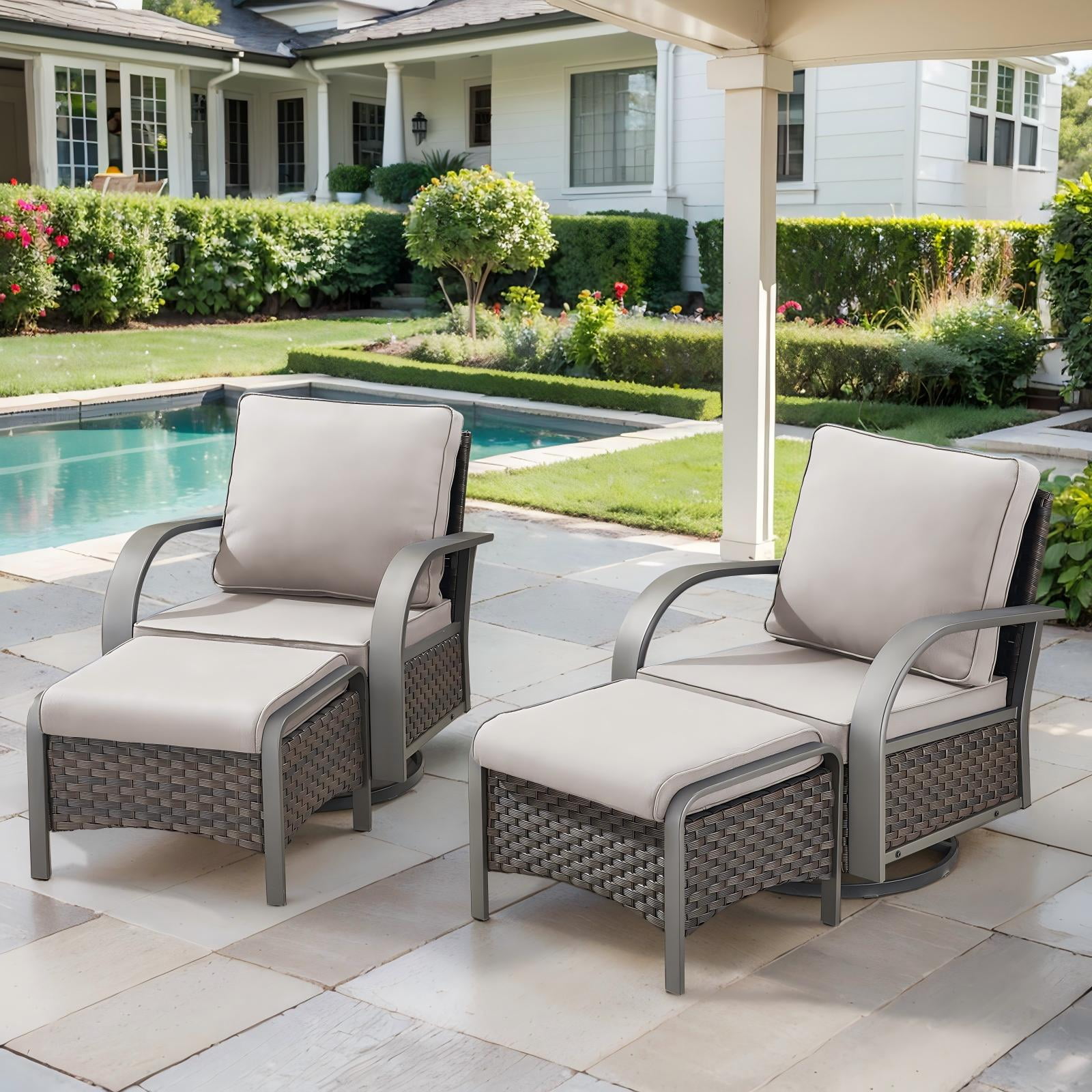 OPOHORO 4-Piece Patio Conversation Set with 2 Swivel Rocking Chairs and 2 Ottomans, PE Wicker Outdoor Furniture with Beige Cushions for Porch or Backyard