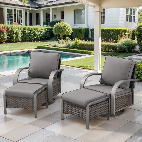 OPOHORO 4-Piece Patio Conversation Set with 2 Swivel Rocking Chairs and 2 Ottomans, PE Wicker Outdoor Furniture with Gray Cushions for Porch or Backyard