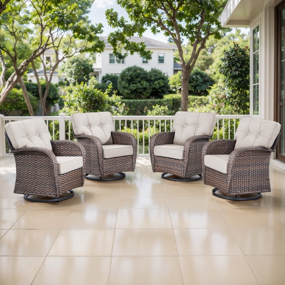 OPOHORO 4- Pieces Outdoor Conversation Set, Brown Wicker Patio Furniture Swivel Rocking chairs with T Shape-Back Cushions and 5" Thick Foam, Ideal for Porch and Yard, Beige