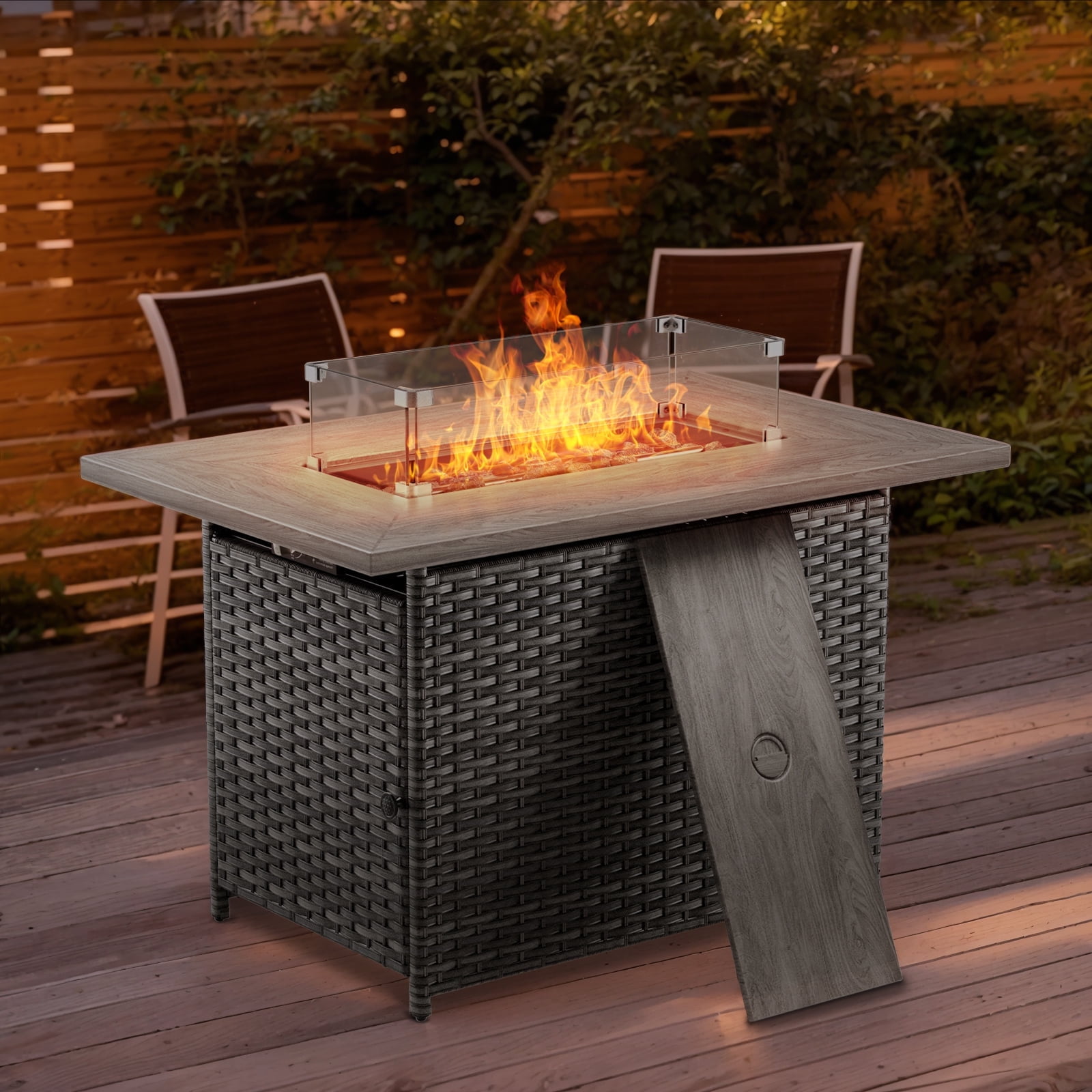 OPOHORO 41" Rectangular Propane Fire Pit 50,000 BTU Outdoor PE Wicker Fire Pit Table with Lid, Gray