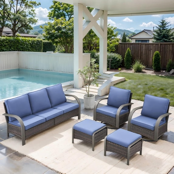 OPOHORO 5-Piece Outdoor Conversation Sets with Sofa, Swivel Rocking Chairs and Ottomans